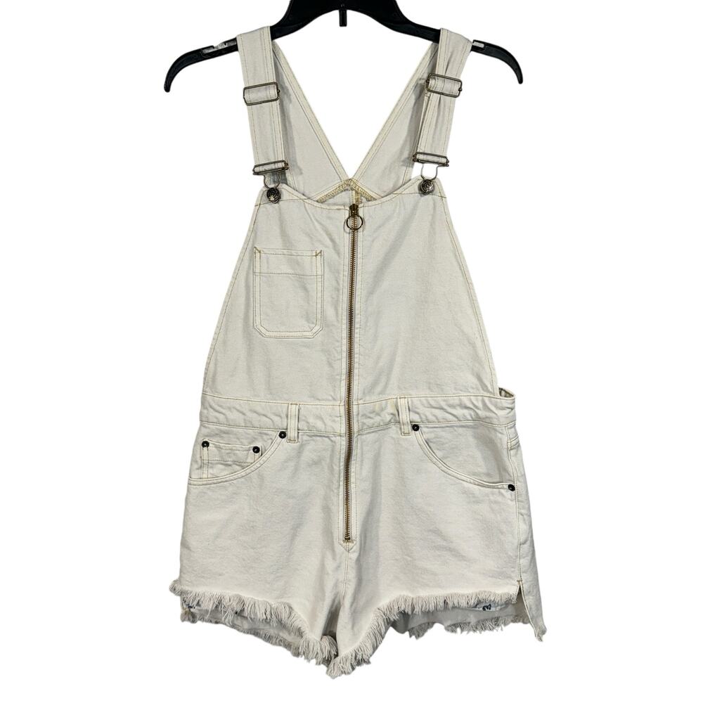 Free People SZ 8 Sunkissed Jean Overalls Zip-Front Frayed Hems Beige We the Free - Picture 1 of 12